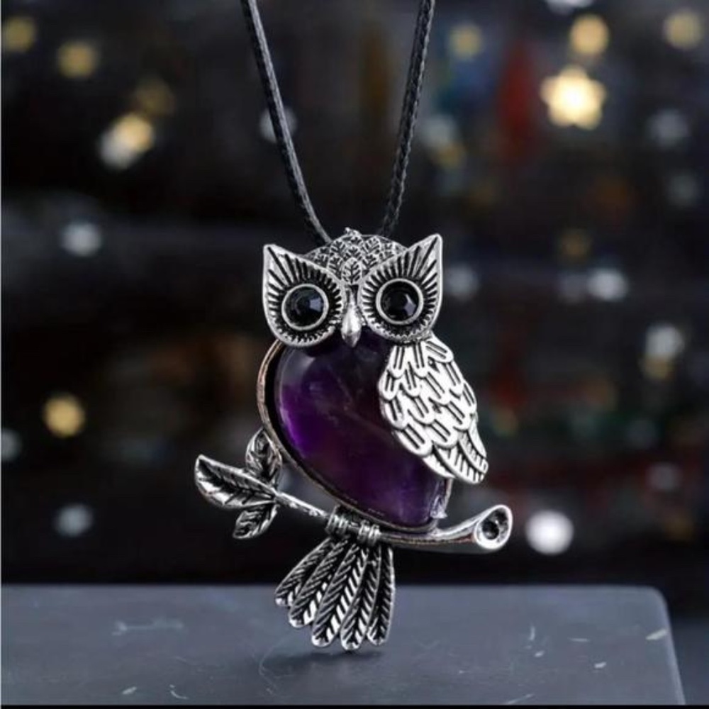 18 🖤 Amethyst Natural Crystal Owl Healing Stone Pendant Necklace - Picture 2 of 4